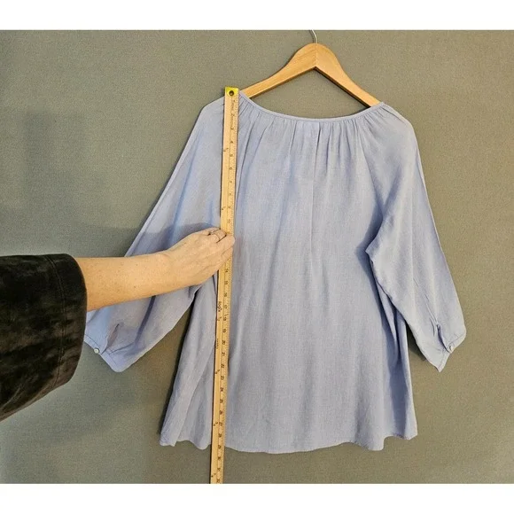 J Jill Linen Blend Cutwork Tunic Top Women M Missy Blue Raglan Coastal Boho Poet - Picture 8 of 9